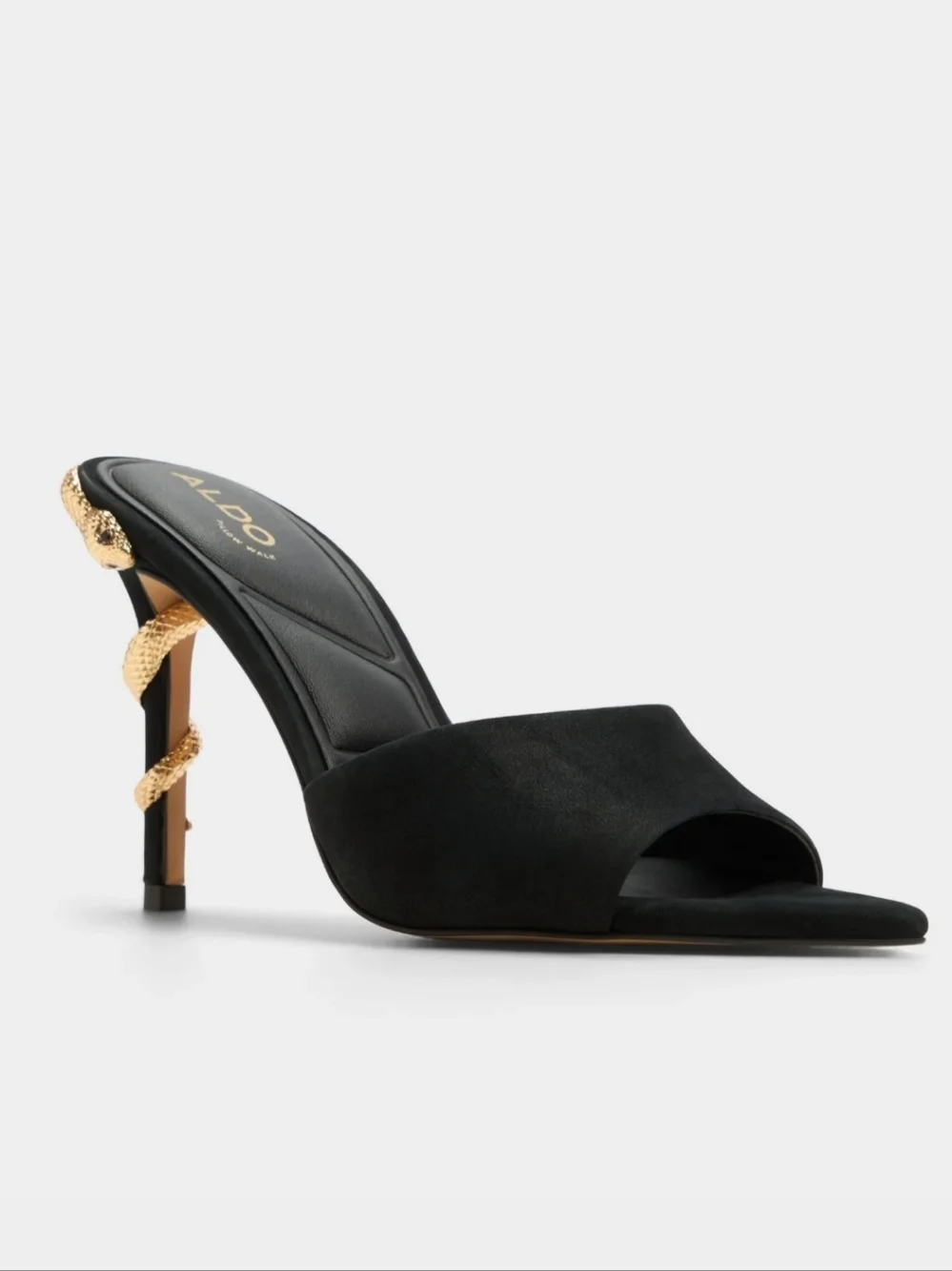 Aldo Seashella Slip On Stiletto Heels Mule Sandals Black Suede Gold Snake 6 - Picture 3 of 13